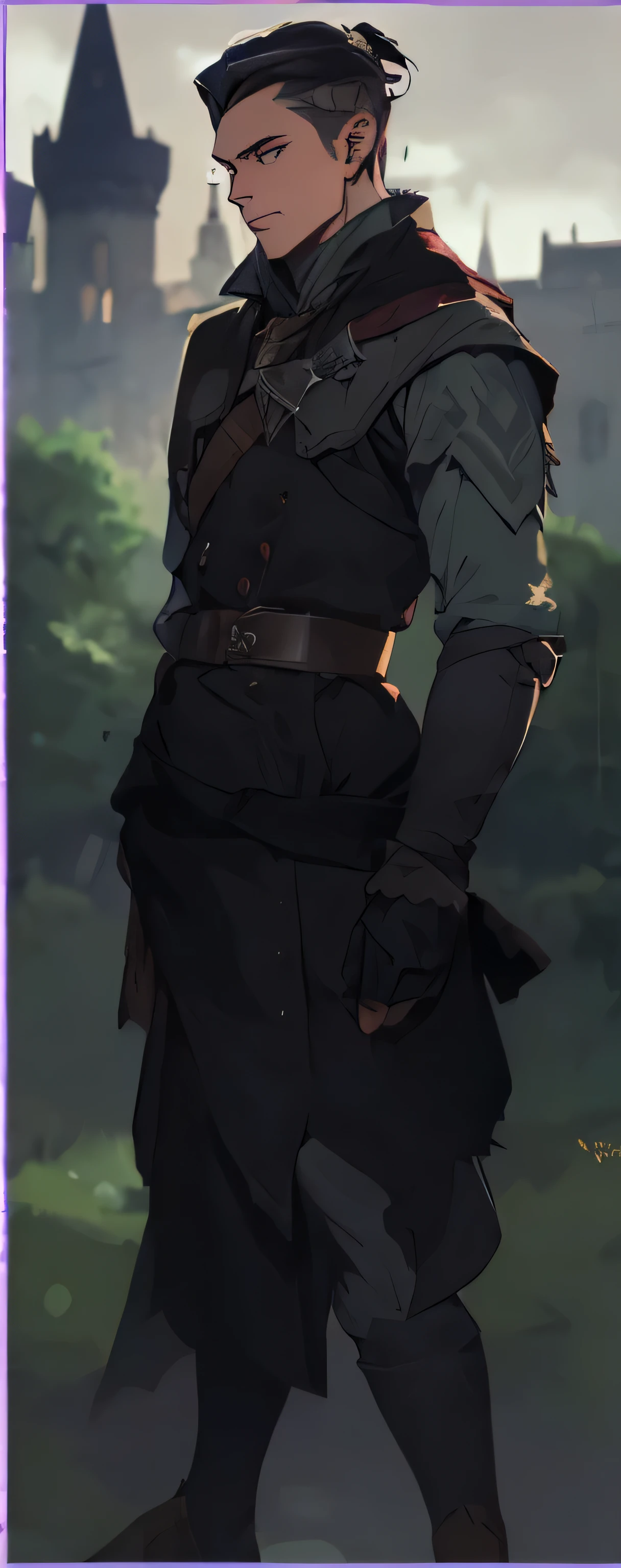 blurred image of a man in medieval clothing standing in front of a castle, a portrait of a male elf, wildcloak fin portrait, full body dnd character portrait, Caleb from Critical Role, handsome guy in demon slayer art, inspired by Kris of Deltarrune, Edmund Blair and Charlie Bowater, a male elf, male elf ranger