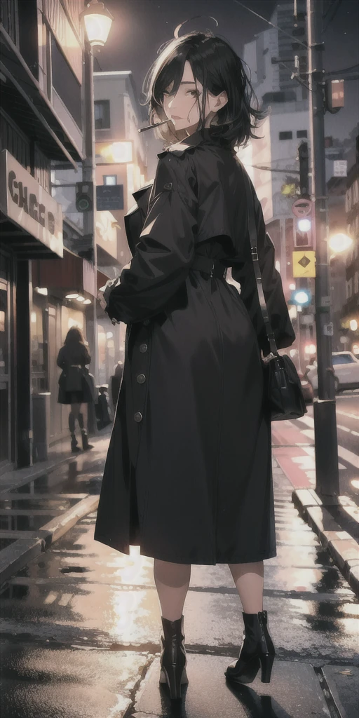 Mature woman, messy hair, black hair, mature face, hot face, big ass, trench coat, black skirt, night, sidewalk, smoking, close view, ((turn around and look back))