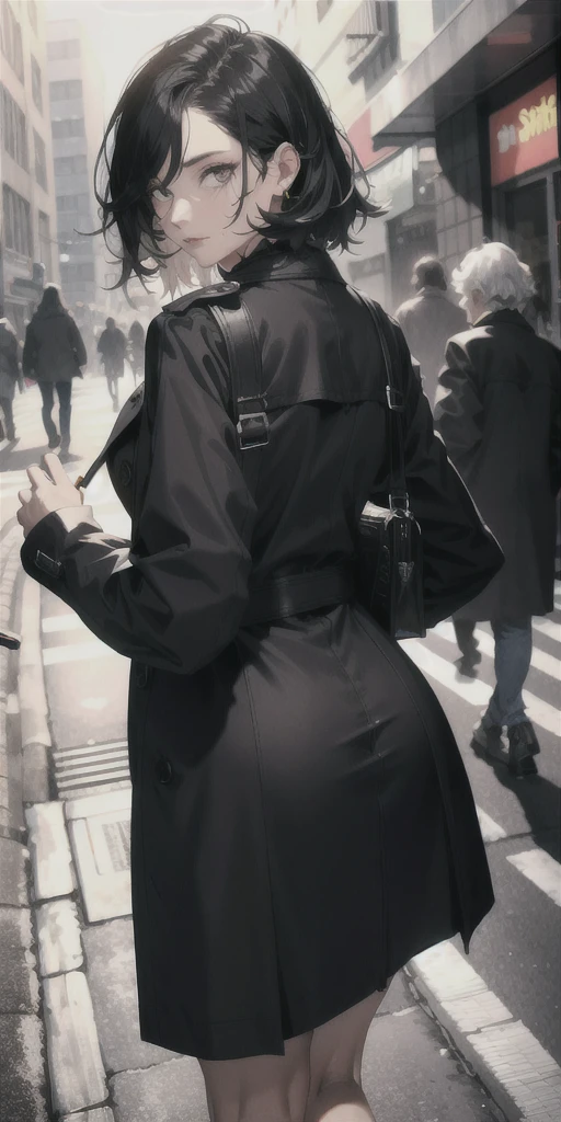 Mature woman, messy hair, black hair, mature face, hot face, big ass, trench coat, black skirt, night, sidewalk, smoking, close view, ((turn around and look back))