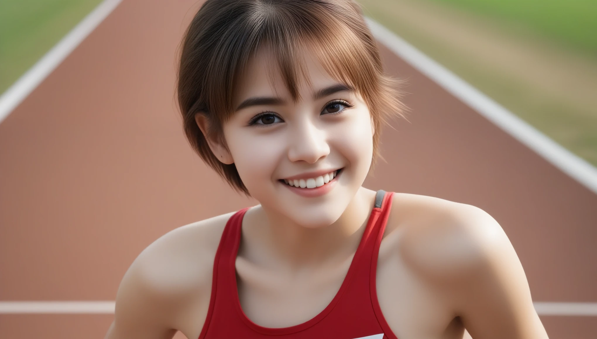 8k, Ultra-high resolution, highest quality, masterpiece, Surreal, photograph, girl1名, (16 years old:1.3), かわいいgirl, Cute Face, Beautiful eyes in every detail, In detail,masterpiece,one girl, (a beauty girl, delicate girl:1.3), (16 years old, Gal:1.3), (Red sportswear:1.2), Definition of very fine particles, (Symmetrical black eyes:1.3), Looking into the camera, Big smile, Showing teeth, (Track Field View:1.2), Very small breasts, Brown short hair, girl, (Eye and facial details:1.5), (masterpiece, highest quality, Very detailed, Detailed face, 8k),whole body