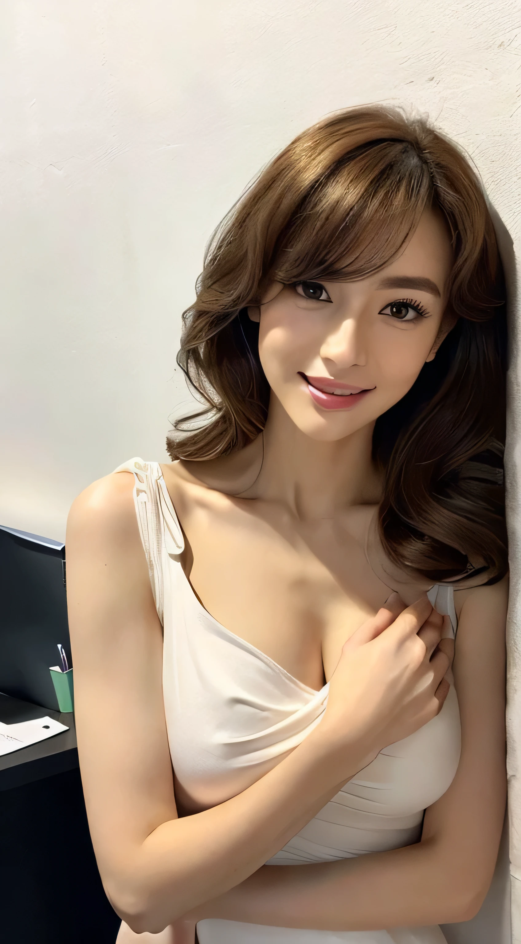 Beautiful detailed face、Pale skin、Realistic glowing skin、Detailed cloth texture、Detailed hair texture、Perfect body、Beautiful Face、correct、Anatomically correct、 Highly detailed face and skin texture、Natural neck length、(Beautiful Hands)、(Fair skin:1.2)、Thin legs、Thin legs、detailed eyes、Symmetrical eyes、Light brown eyes、double eyelid、Thin eyebrows、(Glossy Lips:1.4)、((Gentle smile:1.2))、(blush:1.1)、 (Elegant and cute girl:1.3)、Medium-sized large breasts、(Slim body type:1.1)、Toned Abs、Beautiful clavicle、 (Dark Blonde、Wavy Hair、Long Hair:1.2)、 ((Asymmetrical bangs:1.2))、 ((In a stylish office at night:1.4))、(Cowboy Shot:1.2)、standing gracefully、((wearing in white tight short dress:1.3)),((Place your left hand gently on your chin:1.3)),((Leaning against the wall:1.4))