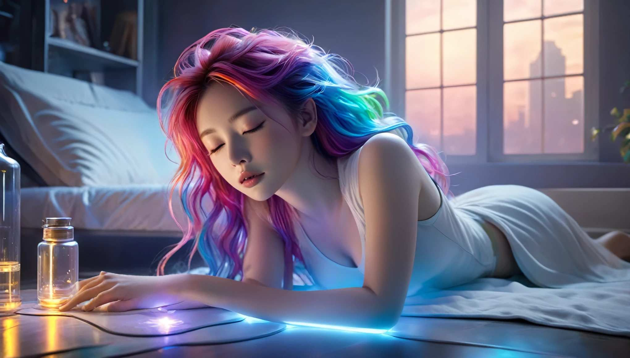 (best quality,8k,ultra-detailed:1.2),(CG,CG art,3D rendering),(masterpiece:1.2),（Crawling on the table），（Sexy clothing），(movie lighting,futuristic),(woman lying in bed,sleeping,closed eyes),(large window behind her,tranquil night),(colorful hair:1.5)