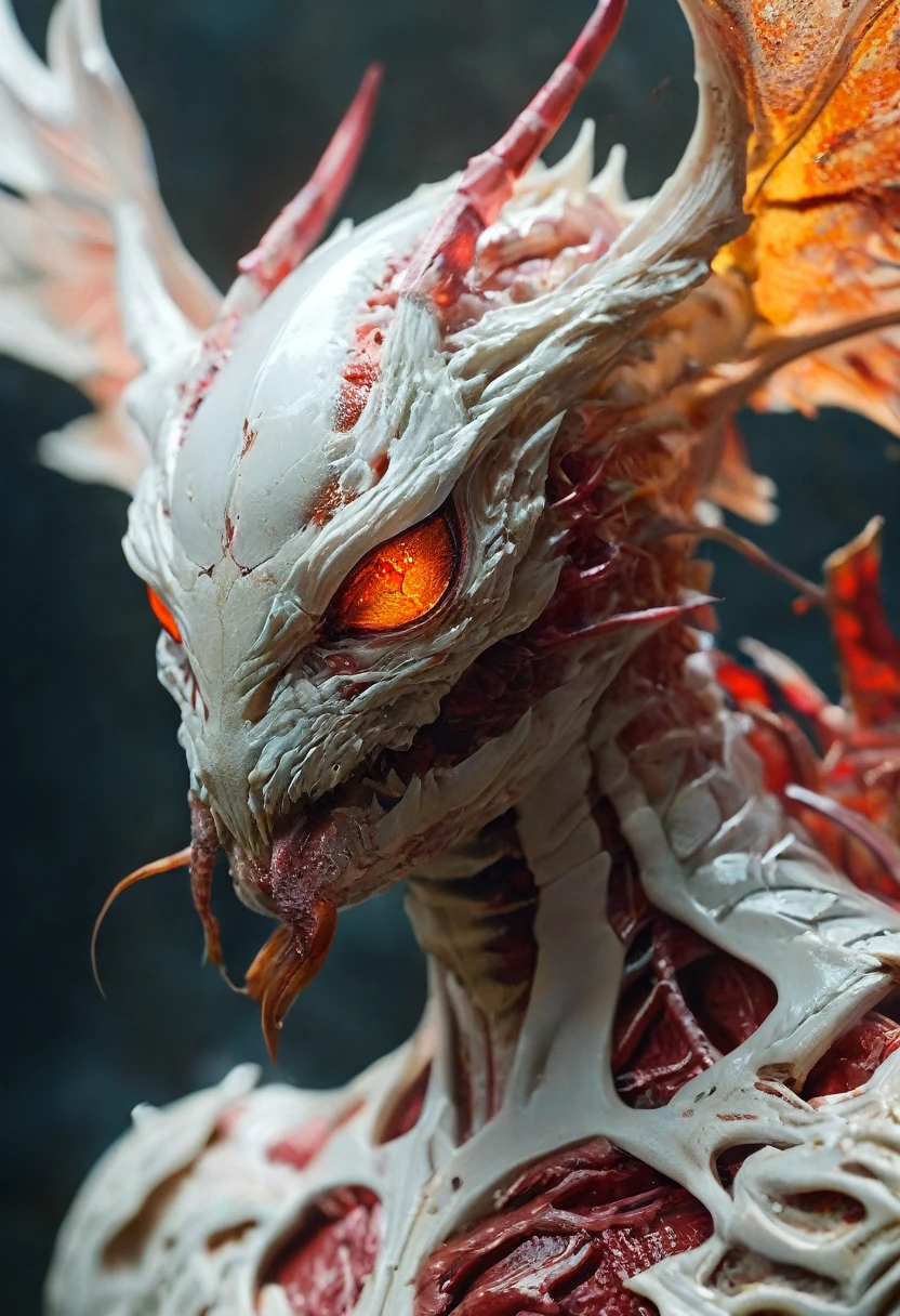 (highest quality,4K,8k,High resolution,masterpiece:1.2), Super detailed, (Realistic,photoRealistic,photo-Realistic:1.37), white creature, Otherworldly, Lovecraft, Chitinous Skin, Bioluminescence Pattern, Dark color palette, Spooky lighting.(Browsing Caution:1.4), white, pink, orange, Very long and sharp red claws, Big Claws, Her body is bioluminescent. Moisturized Skin, (Extremely detailed and intricate skin patterns:1.2), (Translucent chitinous exoskeleton:1.3), (Very small waist:1.4), (Destroyed Anatomy:1.5), violent, erotic,Spider claws growing from its body:1.5,