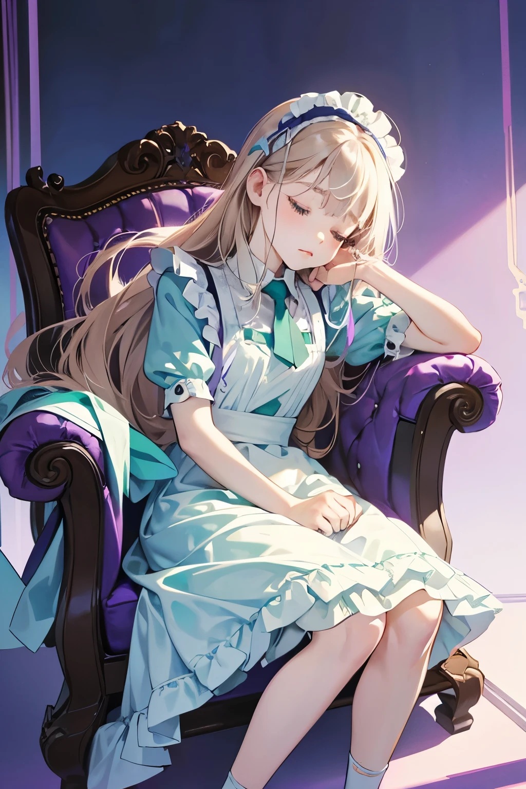 Neon color Light from below Pale purple and blue background Place your hands on the armrests Lean against the backrest Look Up A girl around 5 years old is sitting in a chair in the center. Maid on the side Long hair that reaches the floor pale chestnut hair White and transparent light green dress Slightly abstract The girl is sleeping A maid ties her hair Puppy sleeping underneath Bird's-eye view Open mouth and drooling