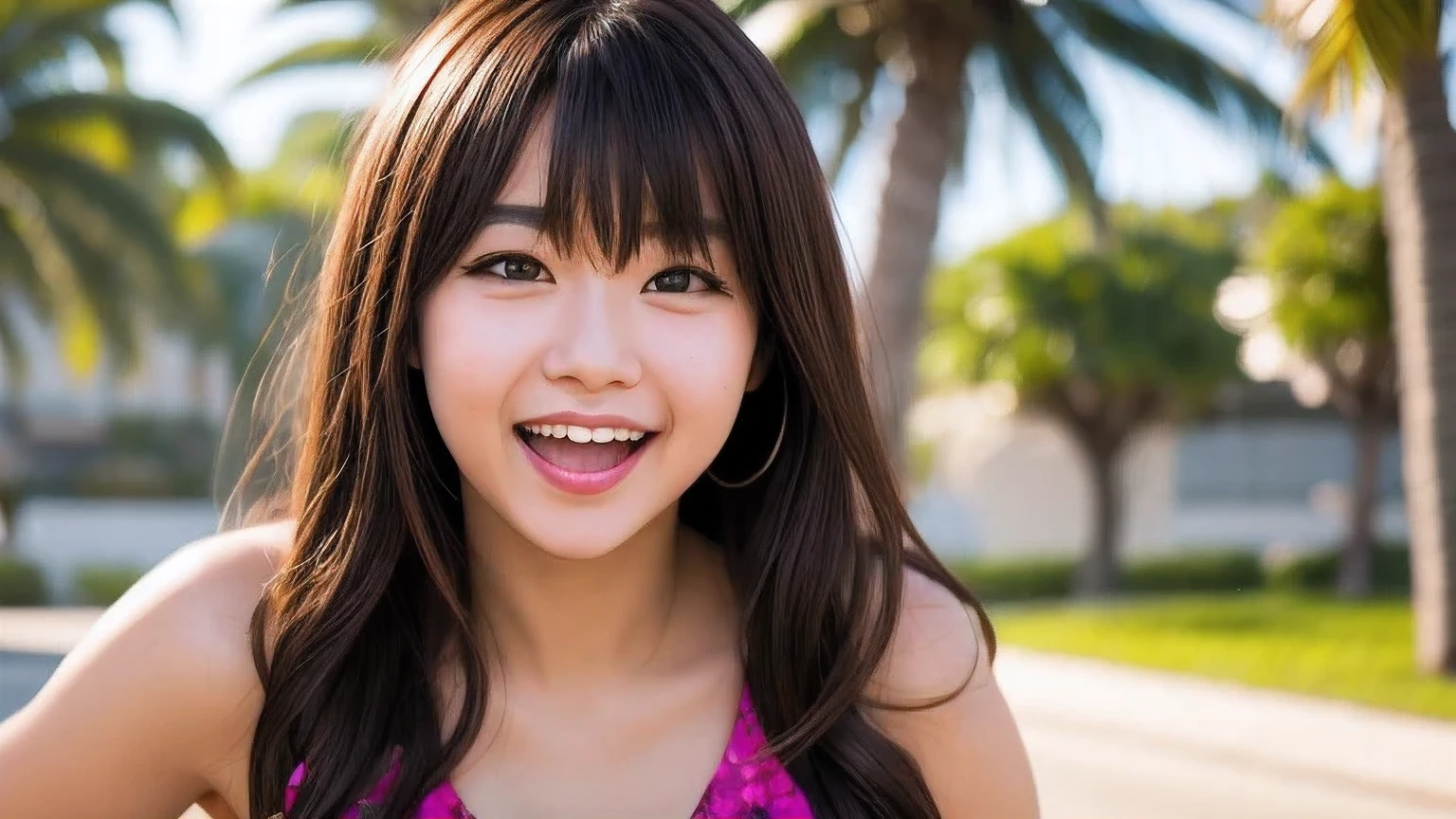 1girl
3d
asian
bangs
bare shoulders
blurry
blurry background
blurry foreground
bokeh
breasts
brown eyes
brown hair
collarbone
cosplay photo
day
depth of field
dress
film grain
grin
lips
long hair
looking at viewer
motion blur
open mouth
outdoors
palm tree
photo \(medium\)
photo background
photo inset
photorealistic
realistic
sleeveless
smile
solo
teeth
tree
upper body