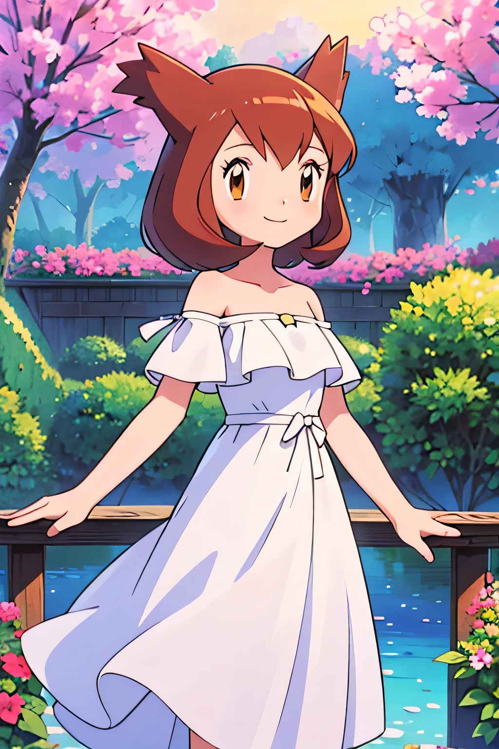 masterpiece, best quality, ultra-detailed, illustration, beautiful detailed eyes, very detailed illustration, cinematic lighting, 1 girl, solo, Pokemon Heroes (Bianca), Brown Hair, brown eyes, bare shoulders, strapless, off shoulders, white ruffle off the shoulder top, white maxi dress, intricate details, sharp focus, high resolution, the background of beautiful garden with a forest of flowers, at sunrise, smile, standing near a water pool on the bottom, she spin around for her dress as she was dancing. anime style, ultra-detailed, hdr, far at the bottom, in the center, Close up