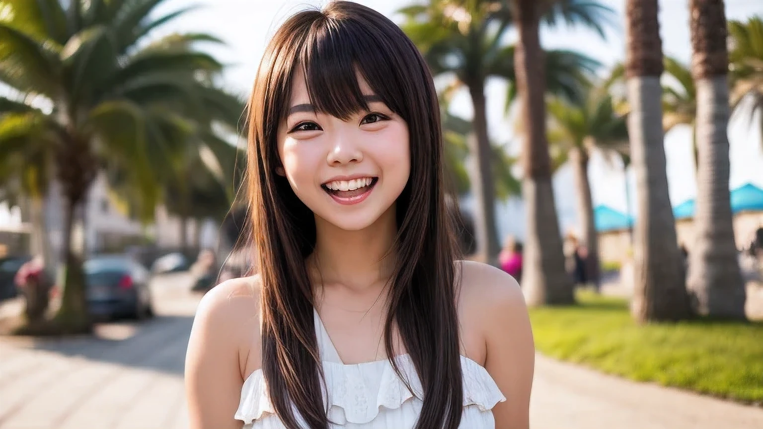 1girl
3d
asian
bangs
bare shoulders
blurry
blurry background
blurry foreground
bokeh
breasts
brown eyes
brown hair
collarbone
cosplay photo
day
depth of field
dress
film grain
grin
lips
long hair
looking at viewer
motion blur
open mouth
outdoors
palm tree
photo \(medium\)
photo background
photo inset
photorealistic
realistic
sleeveless
smile
solo
teeth
tree
upper body