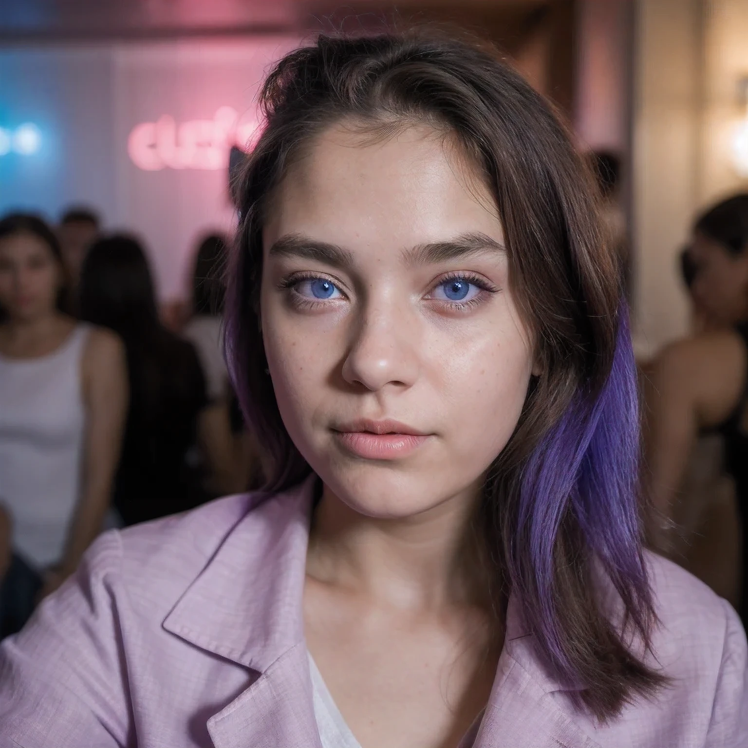 photo of a college student,9 years old, in Purple Pink, futuristic cotton and linen, (freckles:0.8) cute face, sci-fi, dystopian, detailed eyes, cobalt blue eyes((Judging people through their noses))Disco bar