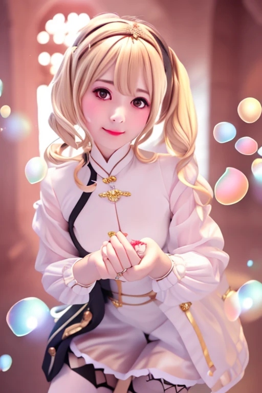 (Smile:1.４）,(Looking at the audience:1.4)、Red Gothic Lolita、cap、,(Face focus),rest,、Beautiful woman、Tragic、beautiful eyes、Black eyes、Industrial Landscape、Blonde、twin-tail hair、Dark black eyeshadow、Good skin luster、particle、Rose petal、(((fine))) Hollow tights, High quality details, flowing, Dynamic, (1 female), Bright Eyes, Flushed, Beautiful front and back, Silk texture, High quality textures, huge bubbles, Soft Light, full of reality, The girl at this moment is in a fantasy world.Taiwanese girl 18 years old beautiful appearance