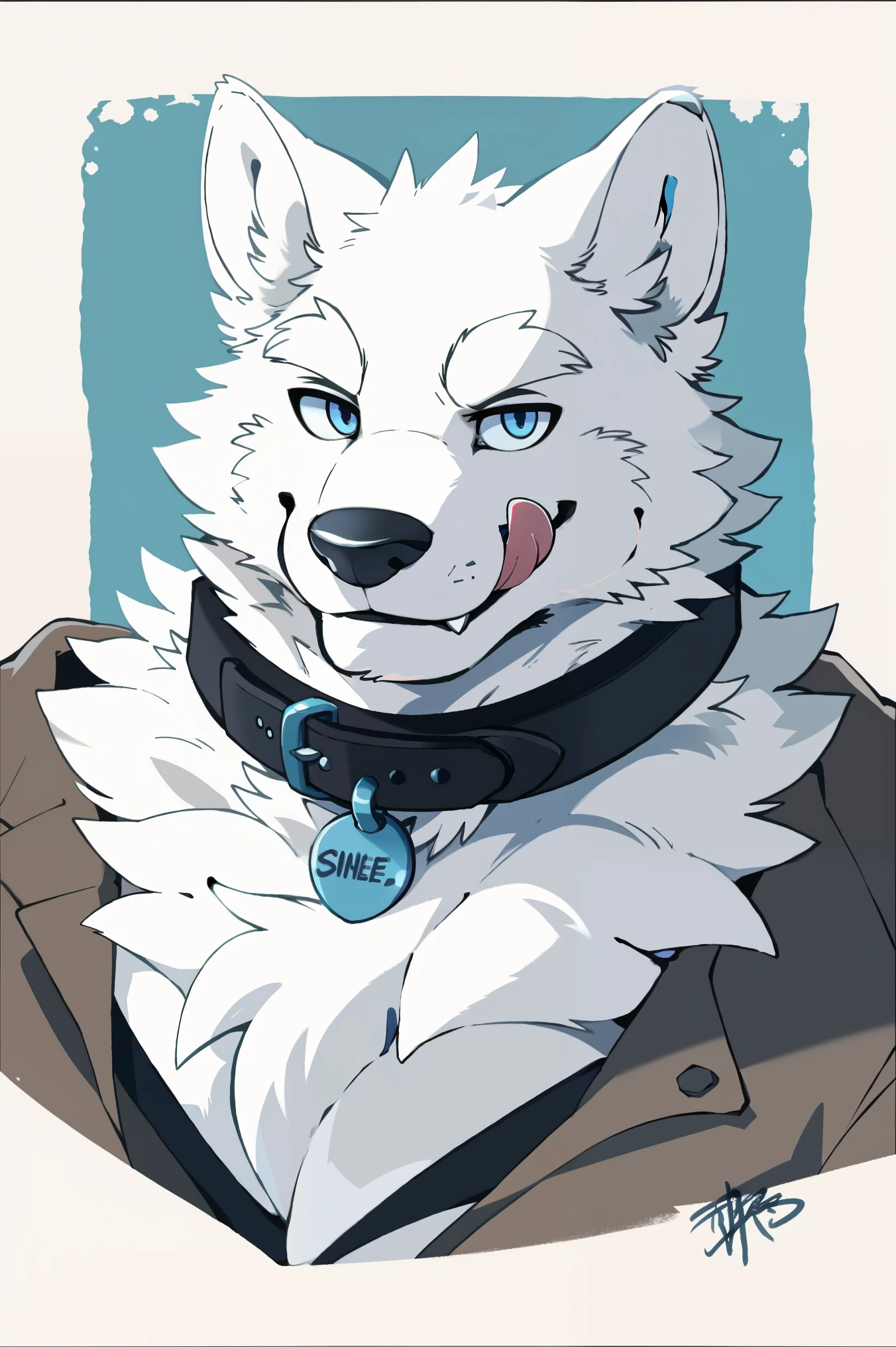 (snow wolf), Anthropomorphic white wolf, solo, (Pure white face), (all white fur:1.5), (Collar), (Perfect blue eyes:1.4), （artist:Takemoto Arashi）, twitchemote, Mature face, elder, Clear facial details, glint, Side of the character, Look at the camera, longeyelashes, licking lips, fang, seductive smile, White shirt, Exposing the chest, longeyelashes, licking lips, fang, smile, seductive smile, Show upper body, Tonalism, head out of frame, border, high details