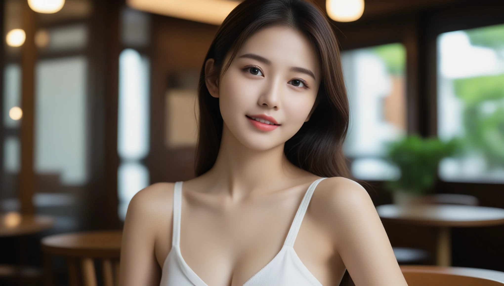 8k, Ultra-high resolution, highest quality, masterpiece, Surreal, photograph, 1 girl, (:1.3), pretty girl, Cute Face, Beautiful eyes in every detail, 細かくdetailedに,masterpiece,.In a stylish cafe with lots of windows,愛らしく魅力的な女性の半身photograph ::3 trends, The modern, form-fitting outfit accentuated her perfect figure. ::Canon 6D Mark IIと85mmレンズでfストップで撮影したphotograph2枚/ 4 and ISO 100 ::3. Attractive shots, 受賞歴のあるphotograph, Clear focus, Dynamic Lighting ::1,Sexy pose、See through 、Looking at the audience、beauty,Long neck、Laugh a little、Please close your mouth and laugh、(((Ideal body type))),A-cup small breasts :2,、Portraiture:2、Perfect Anatomy、鮮明なdetailed、detailed、Surreal、Light and shadow,Strong light,Fashion magazine cover,Thin lips