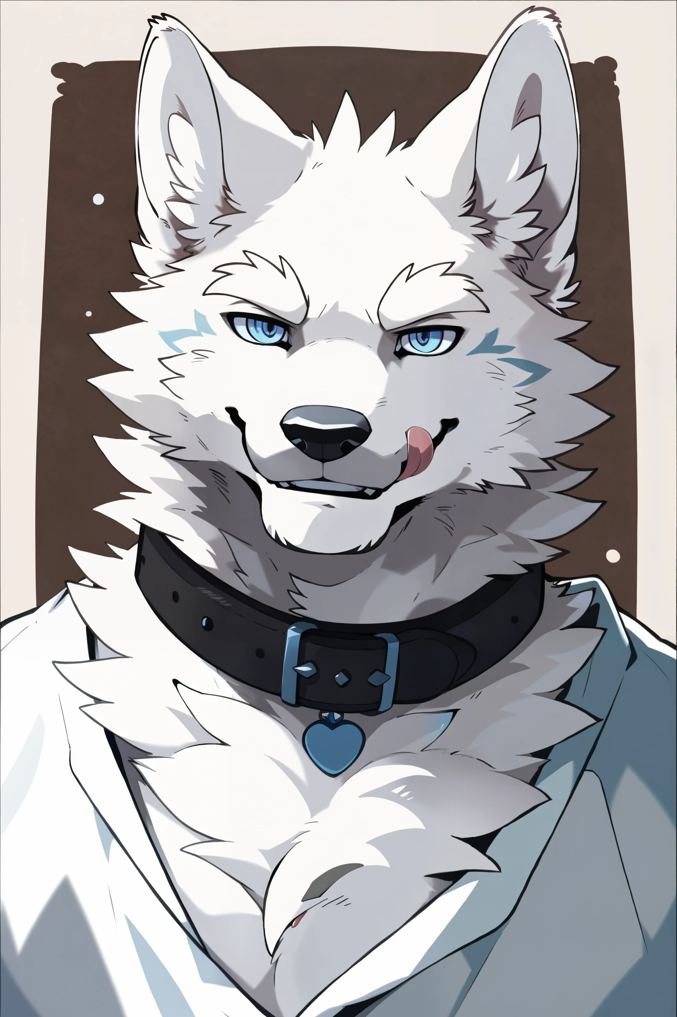 (snow wolf), Anthropomorphic white wolf, solo, (Pure white face), (all white fur:1.5), (Collar), (Perfect blue eyes:1.4), （artist:Takemoto Arashi）, twitchemote, Mature face, elder, Clear facial details, glint, Side of the character, Look at the camera, longeyelashes, licking lips, fang, seductive smile, White shirt, Exposing the chest, longeyelashes, licking lips, fang, smile, seductive smile, Show upper body, bust, Tonalism, head out of frame, border, high details