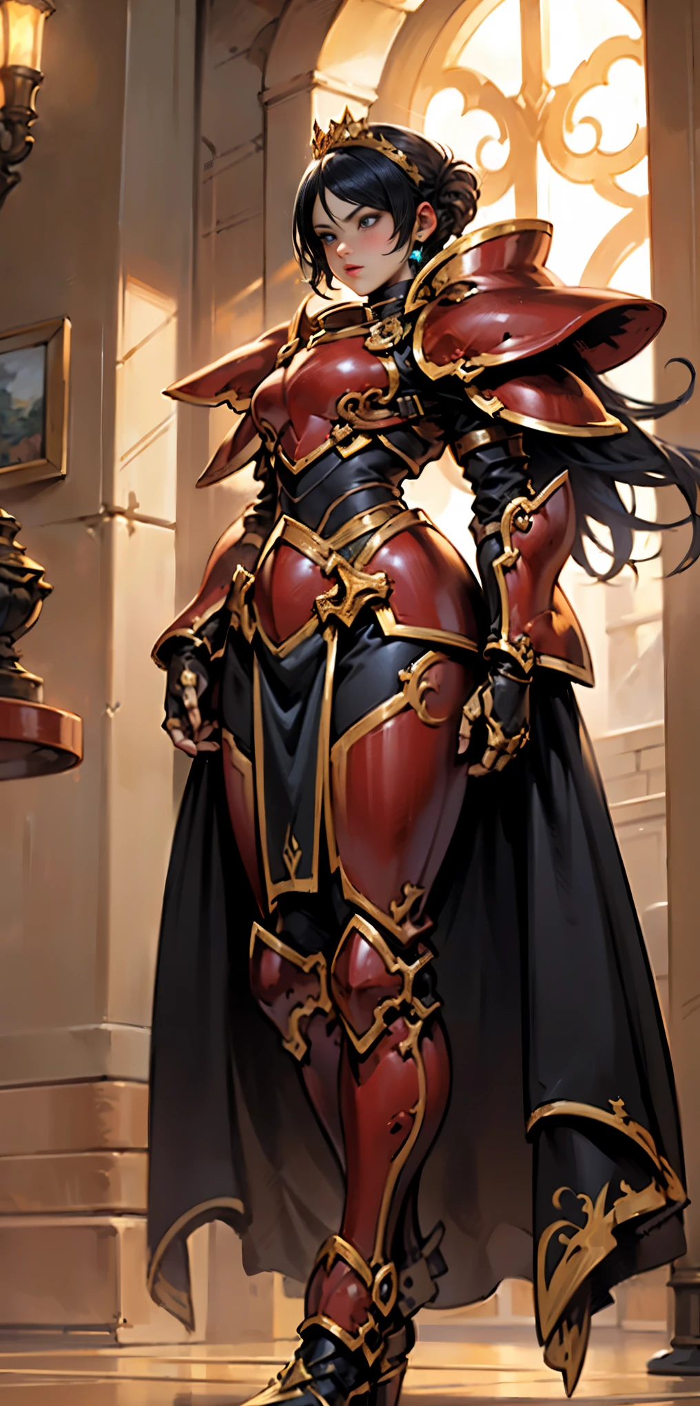 A woman adorned in fantasy-style full-body armor, a crown-concept fully enclosed helmet that unveils only her eyes, a composite layered chest plate, fully encompassing shoulder and hand guards, a lightweight waist armor, form-fitting shin guards, the overall design is heavy-duty yet flexible, ((the armor gleams with a golden glow, complemented by red and blue accents)), exhibiting a noble aura, she floats above a fantasy-surreal high-tech city, this character embodies a finely crafted fantasy-surreal style armored hero in anime style, exquisite and mature manga art style, (Queen bee mixed with Spider concept Armor, plasma, blood), ((Element, energy, elegant, goddess, femminine:1.5)), metallic, high definition, best quality, highres, ultra-detailed, ultra-fine painting, extremely delicate, professional, anatomically correct, symmetrical face, extremely detailed eyes and face, high quality eyes, creativity, RAW photo, UHD, 32k, Natural light, cinematic lighting, masterpiece-anatomy-perfect, masterpiece:1.5