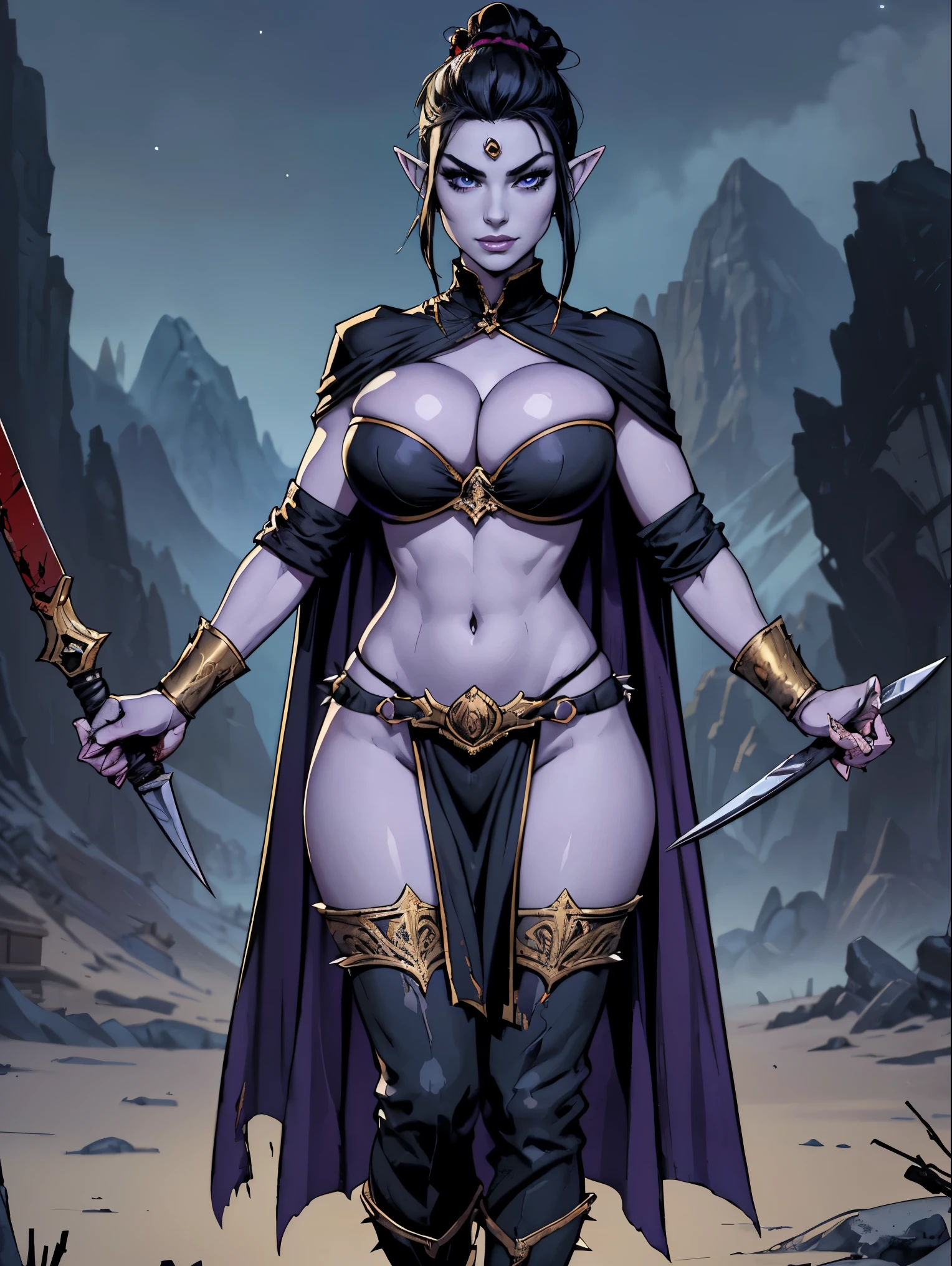 (masterpiece, top quality, best quality, official art, beautiful and aesthetic:1.2), (1girl:1.3), ((Sharp facial features, sharp features, hawkish features)), ((big hair, long elf ears, long black hair)), (((pale purple skin, pale blue skin, blue skin, purple skin))), big tiddy dark elf girl, extremely detailed, portrait, looking at viewer, solo, (full body:0.6), detailed background, full-body shot, (cold night mountain theme:1.1), dark elf war dancer, (spiky winged helmet), charlatan, smirk, mysterious, swaying in mountains, skimpy attire, revealing gladiatrix costume, ebony metal, gold filigree, gold bikini, circlet, metal bikini, long boots, dual knives, blood red fabric, pelvic curtain, loincloth, black leather, ((((topknot, gigantic breasts, cleavage, skindentation, long legs, pelvic curtain, blood, blood splatter)))), cute belly button, toned tummy, slim waist, slim hips, long legs, medieval (mountain exterior:1.1) background, dark mysterious lighting, shadows, magical atmosphere, dutch angle