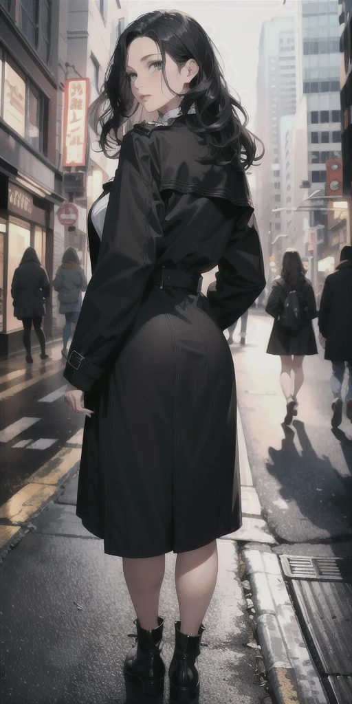 Mature woman, wavy hair, black hair, mature face, hot face, big ass, trench coat, black skirt, night, sidewalk, smoking, close view, ((turn around and look back))
