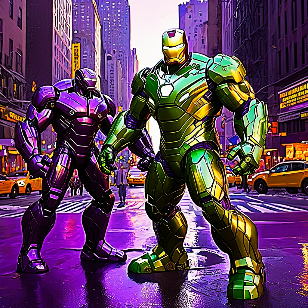 impressionist painting, Iron Man, The Incredible Hulk, battling, purple robo aliens, New York City, Claude Monet style, detailed, vibrant colors, cityscape, sunset, towering buildings, golden glow, sleek, red and gold suit, mechanical details, arc reactor, massive, green, muscles, ferocity, menacing, metallic textures, neon lights, wet asphalt, brushstrokes, quick and lively, dynamic, bold, Impressionist, play of light and shadow, depth, harmonious composition, central action, surrounding environment.
