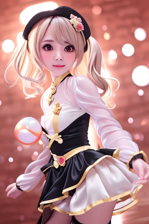 (Smile:1.４）,(Looking at the audience:1.4)、Red Gothic Lolita、cap、,(Face focus),rest,、Beautiful woman、Tragic、beautiful eyes、Black eyes、Industrial Landscape、Blonde、twin-tail hair、Dark black eyeshadow、Good skin luster、particle、Rose petal、(((fine))) Hollow tights, High quality details, flowing, Dynamic, (1 female), Bright Eyes, Flushed, Beautiful front and back, Silk texture, High quality textures, huge bubbles, Soft Light,Taiwanese girl 18 years old beautiful appearance