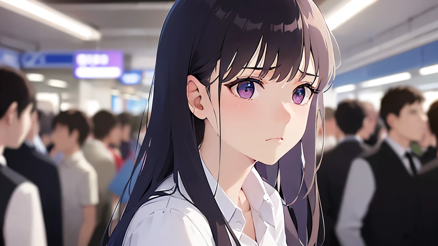 (Sweat:1.2), side angle, (looking away:1.5), Upper Body, Realistic, real person, (pale skin: 1.2), RAW photo, photorealistic, shiny skin, shiny hair、(A 25-year-old woman with straight hair and bangs) and (medium hair) and (black hair) and (purple eyes) , (white collared shirt) 、(sad:1.5), The background is a crowded train、Alone、Are standing