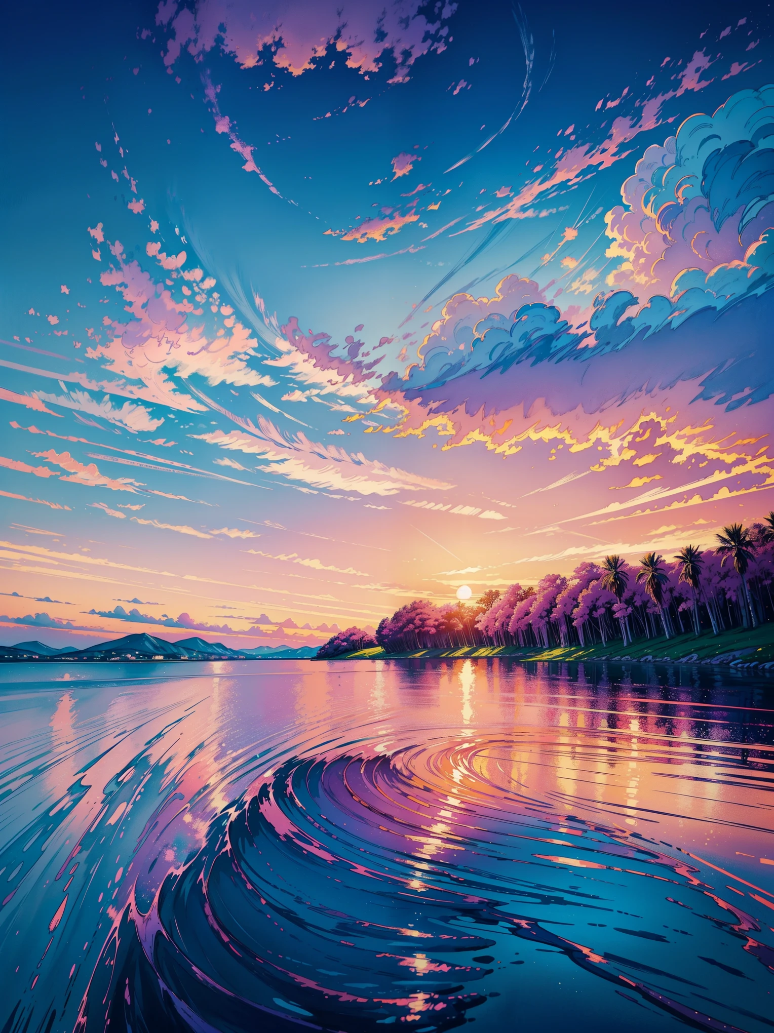 a painting of a crescent over a body of water, dream scenery art, melancholy pastel art, purple sunset, vaporwave sunset, serene colors, at purple sunset, atmospheric dreamscape painting, pastel sunset, pink sunset, sunset background, vibrant gouache painting scenery, looking out at a pink ocean, pastel simple art, pink landscape, pastel artwork, sunset illustration