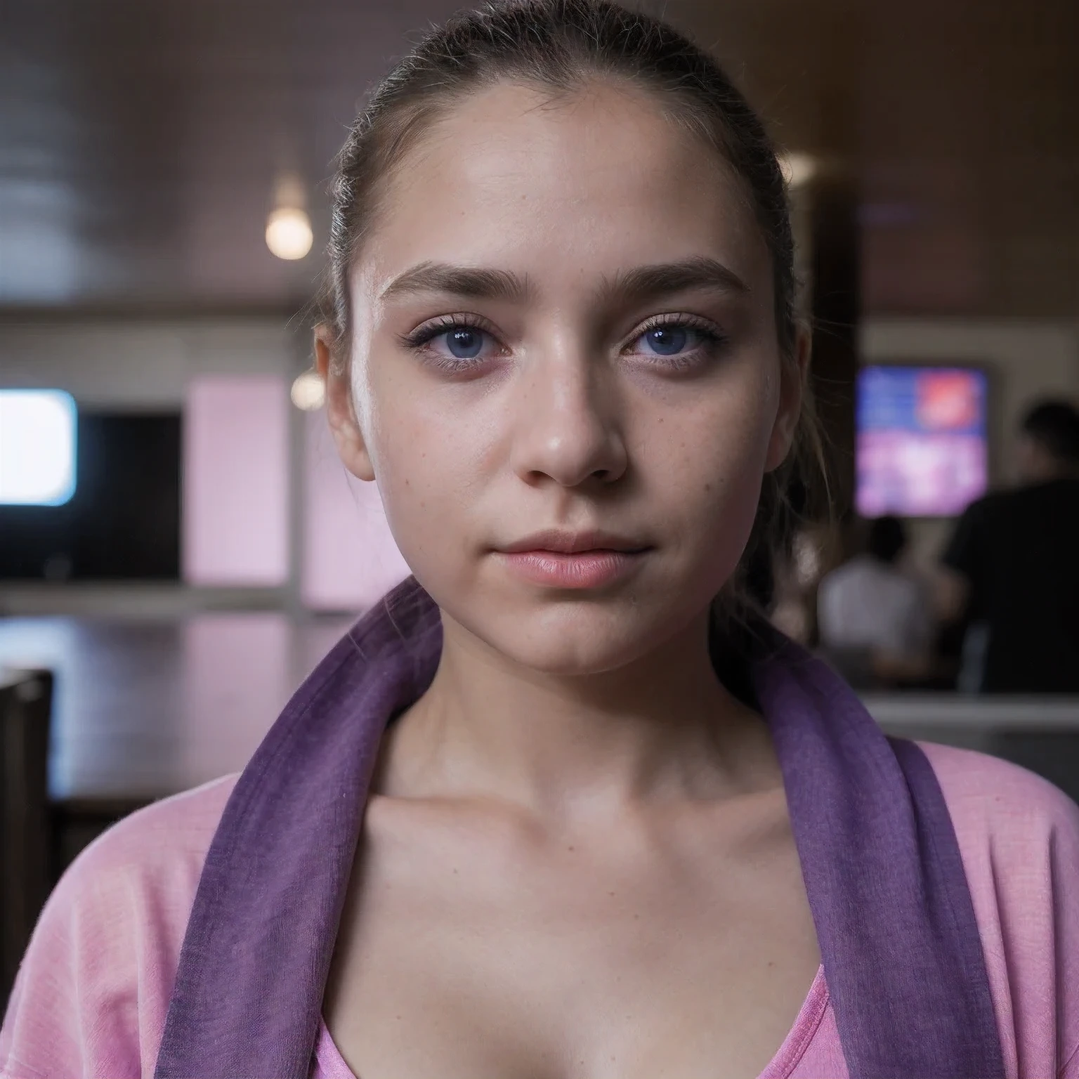 photo of a college student,, in Purple Pink, futuristic cotton and linen, (freckles:0.8) cute face, sci-fi, dystopian, detailed eyes, cobalt blue eyes((Judging people through their noses))Disco bar
