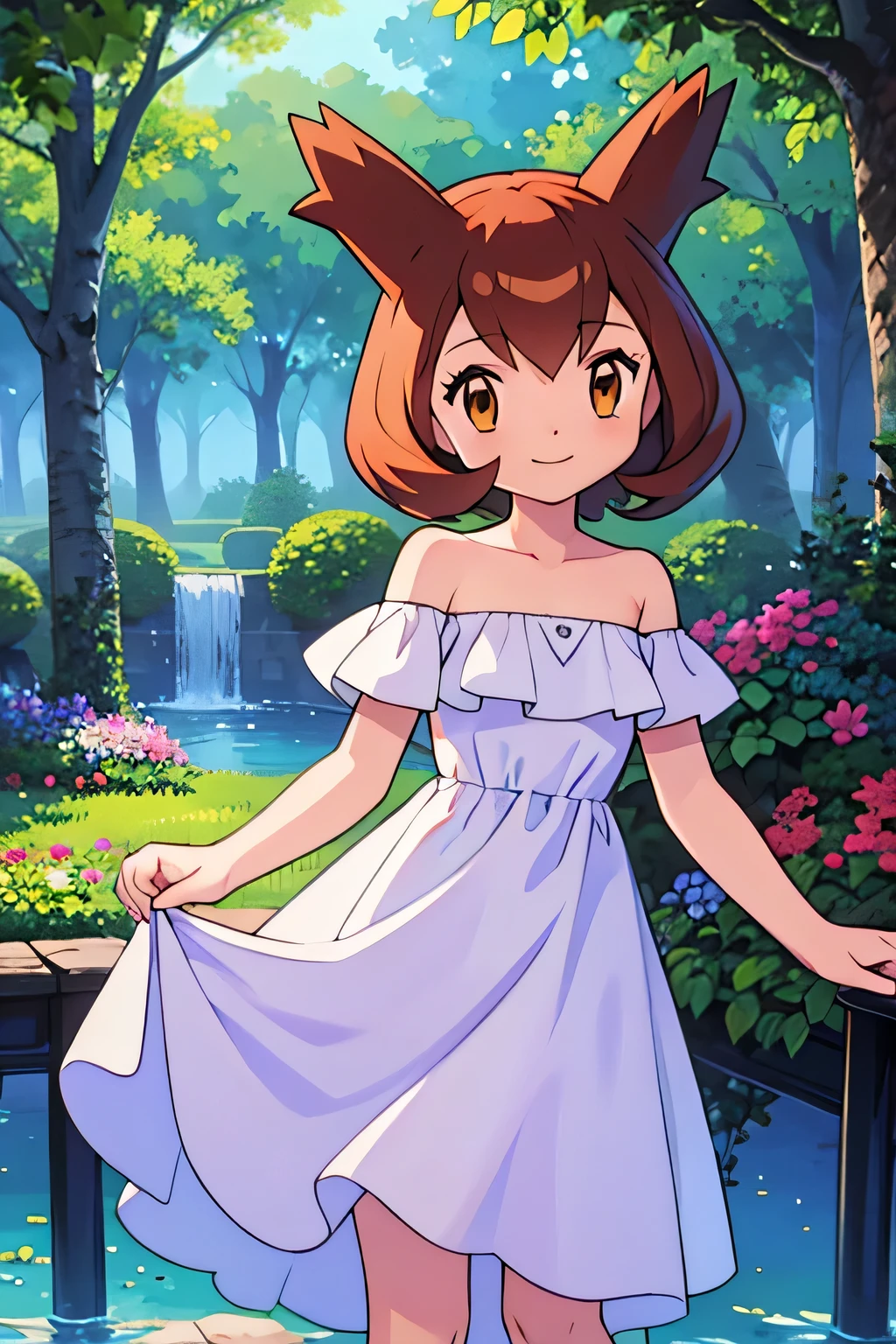 masterpiece, best quality, ultra-detailed, illustration, beautiful detailed eyes, very detailed illustration, cinematic lighting, 1 girl, solo, Pokemon Heroes (Bianca), Brown Hair, brown eyes, bare shoulders, strapless, off shoulders, white ruffle off the shoulder top, white maxi dress, intricate details, sharp focus, high resolution, the background of beautiful garden with a forest of flowers, at sunrise, smile, standing near a water pool on the bottom, she spin around for her dress as she was dancing. anime style, ultra-detailed, hdr, far at the bottom, in the center, Close up