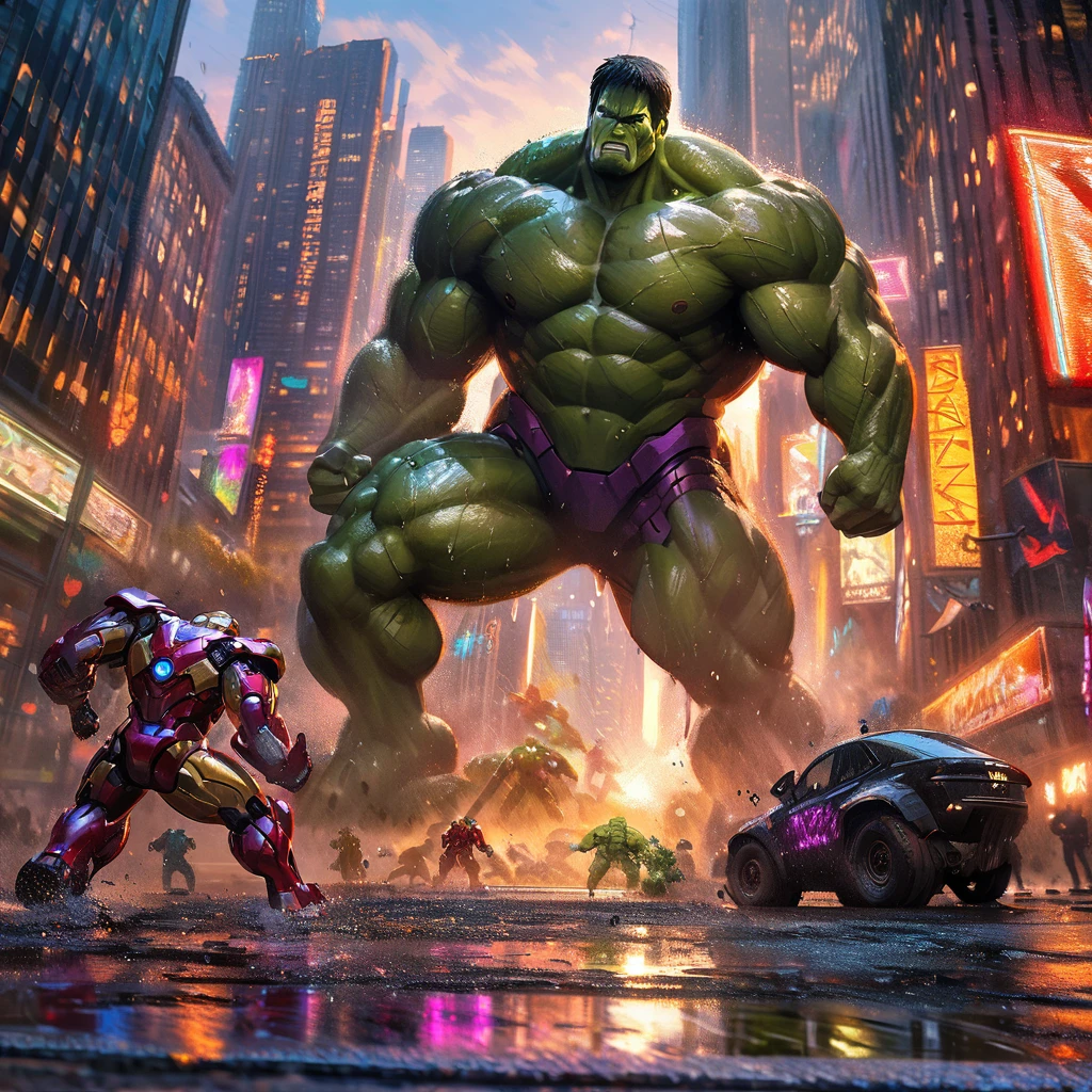 impressionist painting, Iron Man, The Incredible Hulk, battling, purple robo aliens, New York City, Claude Monet style, detailed, vibrant colors, cityscape, sunset, towering buildings, golden glow, sleek, red and gold suit, mechanical details, arc reactor, massive, green, muscles, ferocity, menacing, metallic textures, neon lights, wet asphalt, brushstrokes, quick and lively, dynamic, bold, Impressionist, play of light and shadow, depth, harmonious composition, central action, surrounding environment.