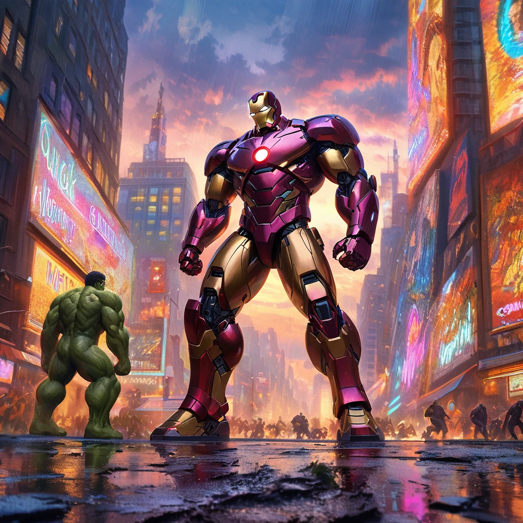 impressionist painting, Iron Man, The Incredible Hulk, battling, purple robo aliens, New York City, Claude Monet style, detailed, vibrant colors, cityscape, sunset, towering buildings, golden glow, sleek, red and gold suit, mechanical details, arc reactor, massive, green, muscles, ferocity, menacing, metallic textures, neon lights, wet asphalt, brushstrokes, quick and lively, dynamic, bold, Impressionist, play of light and shadow, depth, harmonious composition, central action, surrounding environment.