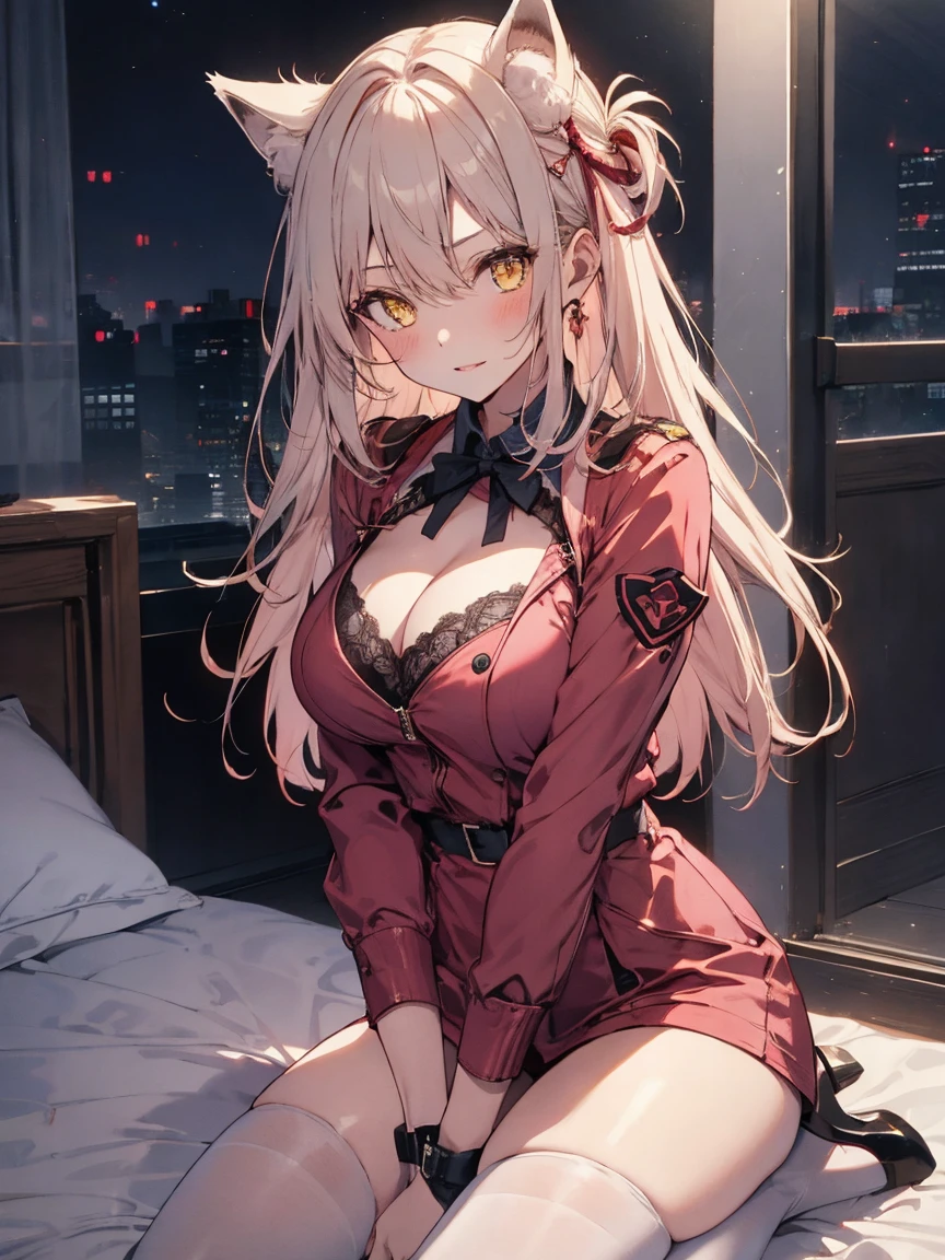 (best quality, 4k, 8k, highres, masterpiece:1.2), ultra-detailed, detailed face, detailed lips and eyes, attractive appearance, expressive face, detailed perfect fingers and hands, detailed perfect face, ((anime art style)), (pixiv:1.3), vibrant colors, BREAK, BLARKY beautiful caucasian woman with very long straight white hair, (yellow eyes:1.4), fair skin, animal ear fluff, animal ears, extra ears, fox ears, fox girl, (fox tail:1.3), long hair, bangs, hair between eyes, (age 16 years old, height 162 cm), (large breasts:1.3), BREAK detailed perfect fingers, perfect hands, detailed perfect face, intense blushing, short female, closed lips, beautiful detailed glowing deep crimson eyes, smirk, blush, (arrogant, caring, slightly shy and slutty expression), smiling seductively, very long beautiful hair tied in one massive braided ponytail, BREAK pink theme, (formal nurse costume:1.2), (lowleg nurse costume shorts), (high heels:1.1), thigh highs, pink clothes, BREAK pure white lingerie, BREAK 1girl, (solo:1.2), nighttime, hospital room, (undressing:1.5), cleavage, breasts focus, looking at viewer, open uniform, ((closed mouth)), BREAK pure white hair, BREAK yellow eyes,neat hands