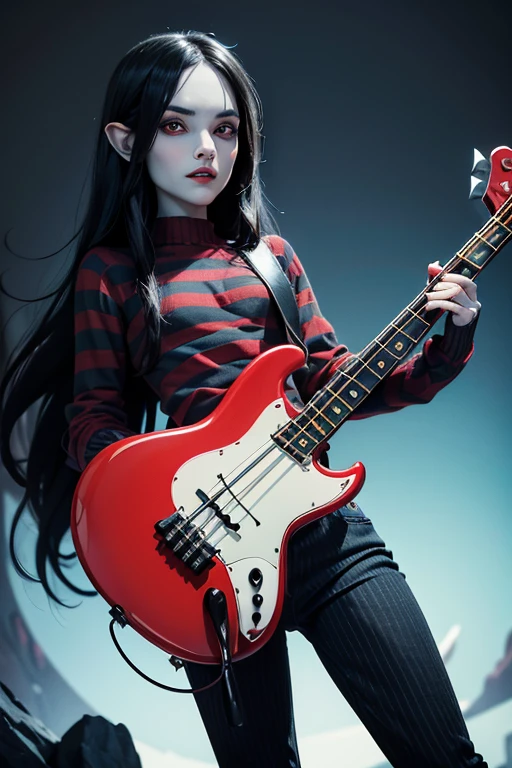 (masterpiece, ultra detailed) ((Marceline)), (adventure time character), ((black eyes)), (playing an axe bass), ((blue skin)), (vampire teeth), ((wearing a red and black striped sweater)), ((wearing pants))