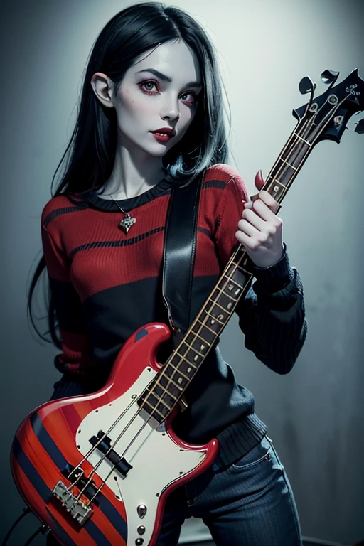 (masterpiece, ultra detailed) ((Marceline)), (adventure time character), ((black eyes)), (playing an axe bass), ((blue skin)), (vampire teeth), ((wearing a red and black striped sweater)), ((wearing pants))