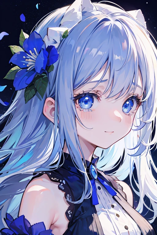 toddler girl,on the old ruins,Starry Night sky,Blue eyes, big eyes,droopy eyes, With blue flower corsage ,Slender body, face close-up, White long hair,smile,crying,tears,sobbing