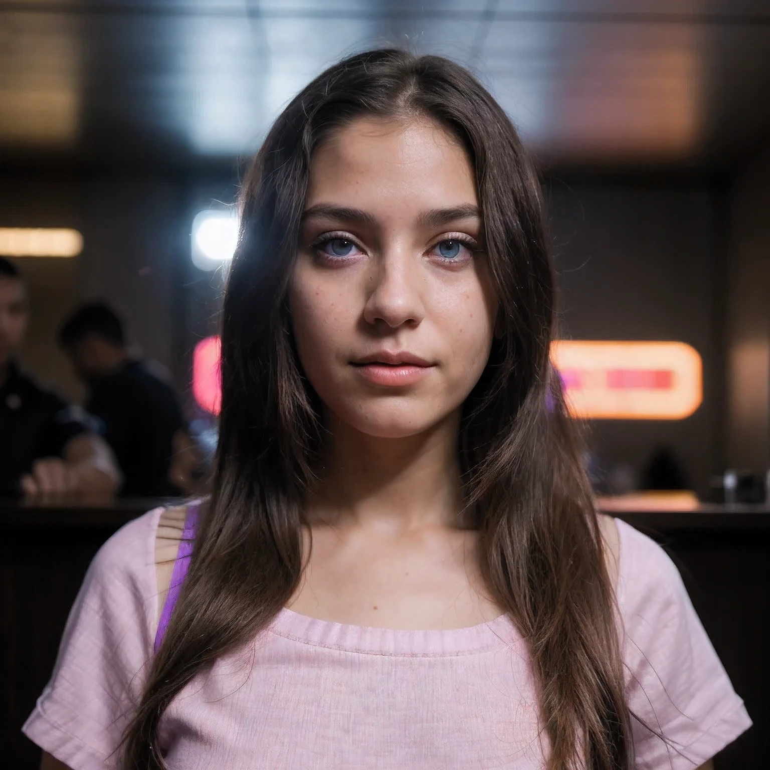 photo of a college student,9 years old, in Purple Pink, futuristic cotton and linen, (freckles:0.8) cute face, sci-fi, dystopian, detailed eyes, cobalt blue eyes((Judging people through their noses))Disco bar