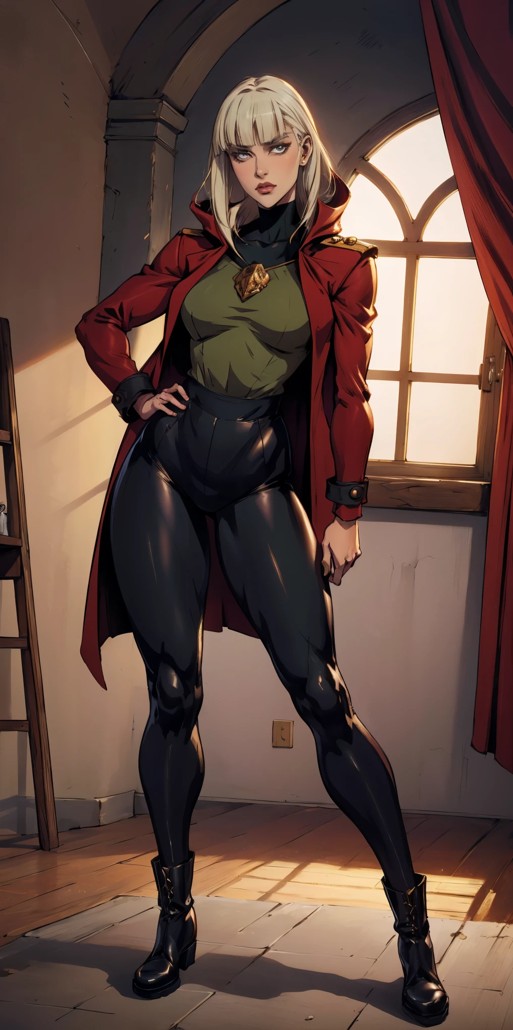 A woman with long platinum blonde hair, choppy bangs, arched crescent eyebrows, sharp and determined eyes, a delicate oval face, a serious expression, a fantasy-style dark green military coat, draped with a dark red cloak, military trousers, leather combat boots, silver greaves leggings, one hand on her hip, standing in a spacious training ground, this character embodies a finely crafted fantasy-style female military officer in anime style, exquisite and mature manga art style, pale skin, high definition, best quality, highres, ultra-detailed, ultra-fine painting, extremely delicate, professional, perfect body proportions, golden ratio, anatomically correct, symmetrical face, extremely detailed eyes and face, high quality eyes, creativity, RAW photo, UHD, 32k, Natural light, cinematic lighting, masterpiece-anatomy-perfect, masterpiece:1.5