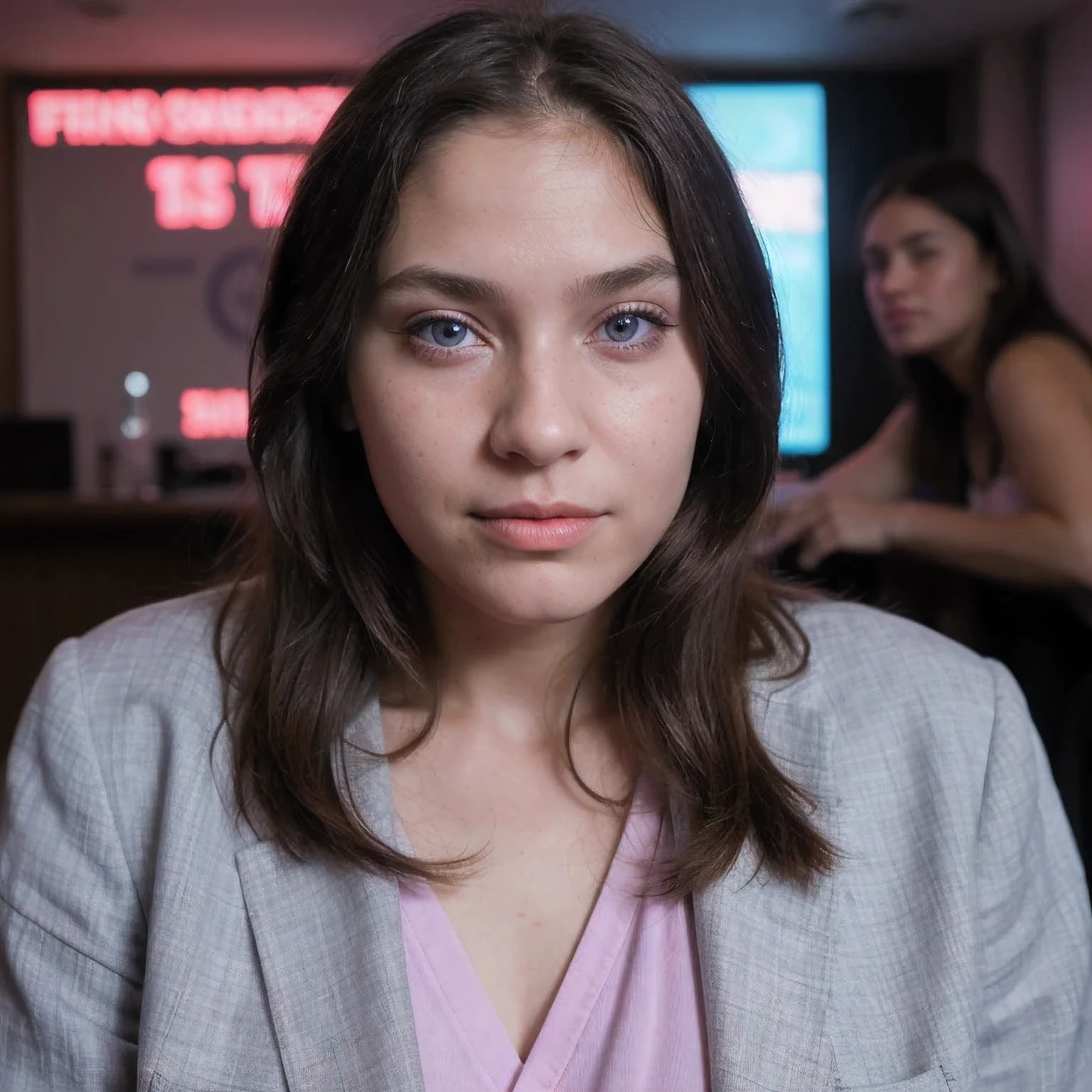 photo of a college student,9 years old, in Purple Pink, futuristic cotton and linen, (freckles:0.8) cute face, sci-fi, dystopian, detailed eyes, cobalt blue eyes((Judging people through their noses))Disco bar