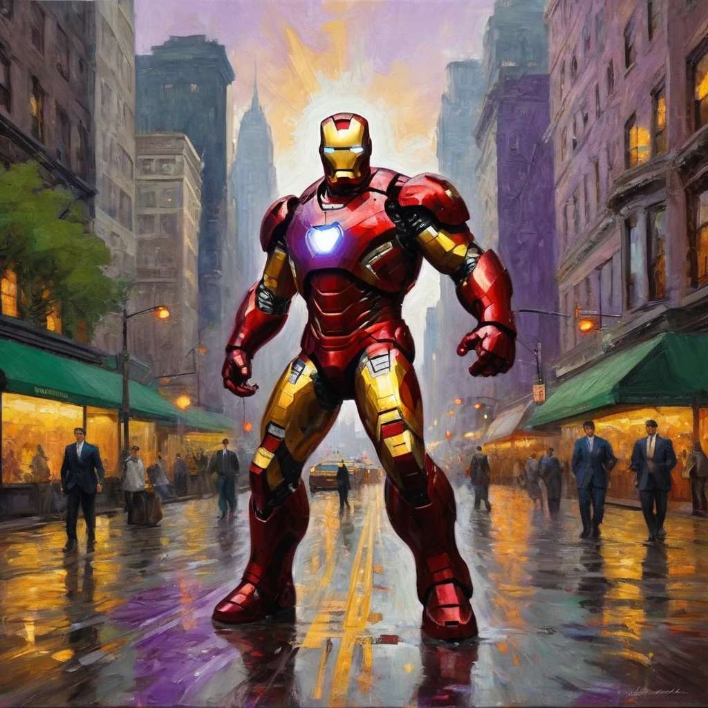 impressionist painting, Iron Man, The Incredible Hulk, battling, purple robo aliens, New York City, Claude Monet style, detailed, vibrant colors, cityscape, sunset, towering buildings, golden glow, sleek, red and gold suit, mechanical details, arc reactor, massive, green, muscles, ferocity, menacing, metallic textures, neon lights, wet asphalt, brushstrokes, quick and lively, dynamic, bold, Impressionist, play of light and shadow, depth, harmonious composition, central action, surrounding environment.