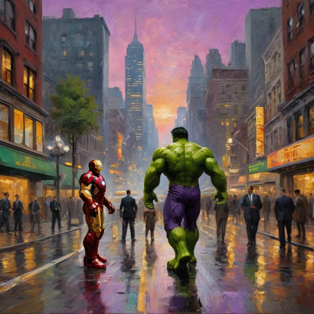 impressionist painting, Iron Man, The Incredible Hulk, battling, purple robo aliens, New York City, Claude Monet style, detailed, vibrant colors, cityscape, sunset, towering buildings, golden glow, sleek, red and gold suit, mechanical details, arc reactor, massive, green, muscles, ferocity, menacing, metallic textures, neon lights, wet asphalt, brushstrokes, quick and lively, dynamic, bold, Impressionist, play of light and shadow, depth, harmonious composition, central action, surrounding environment.