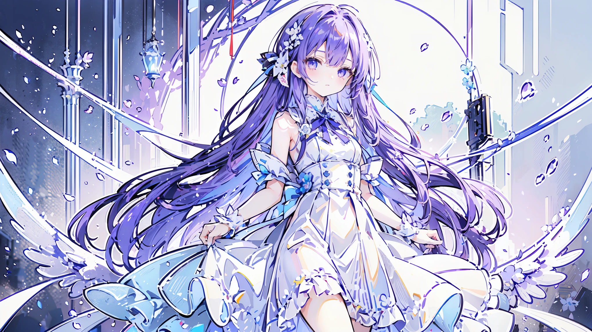((masterpiece, highest quality)),Best aesthetics,One girl, alone, flower, ribbon, white rose, Javelin (Azur Lane), purple hair, long hair, dark purple hairband, mechanical lance, light blue and red odd eyes, white, light blue and purple dress, transparent light blue arm ornament, lilac ribbon , small breasts,Only one side wing