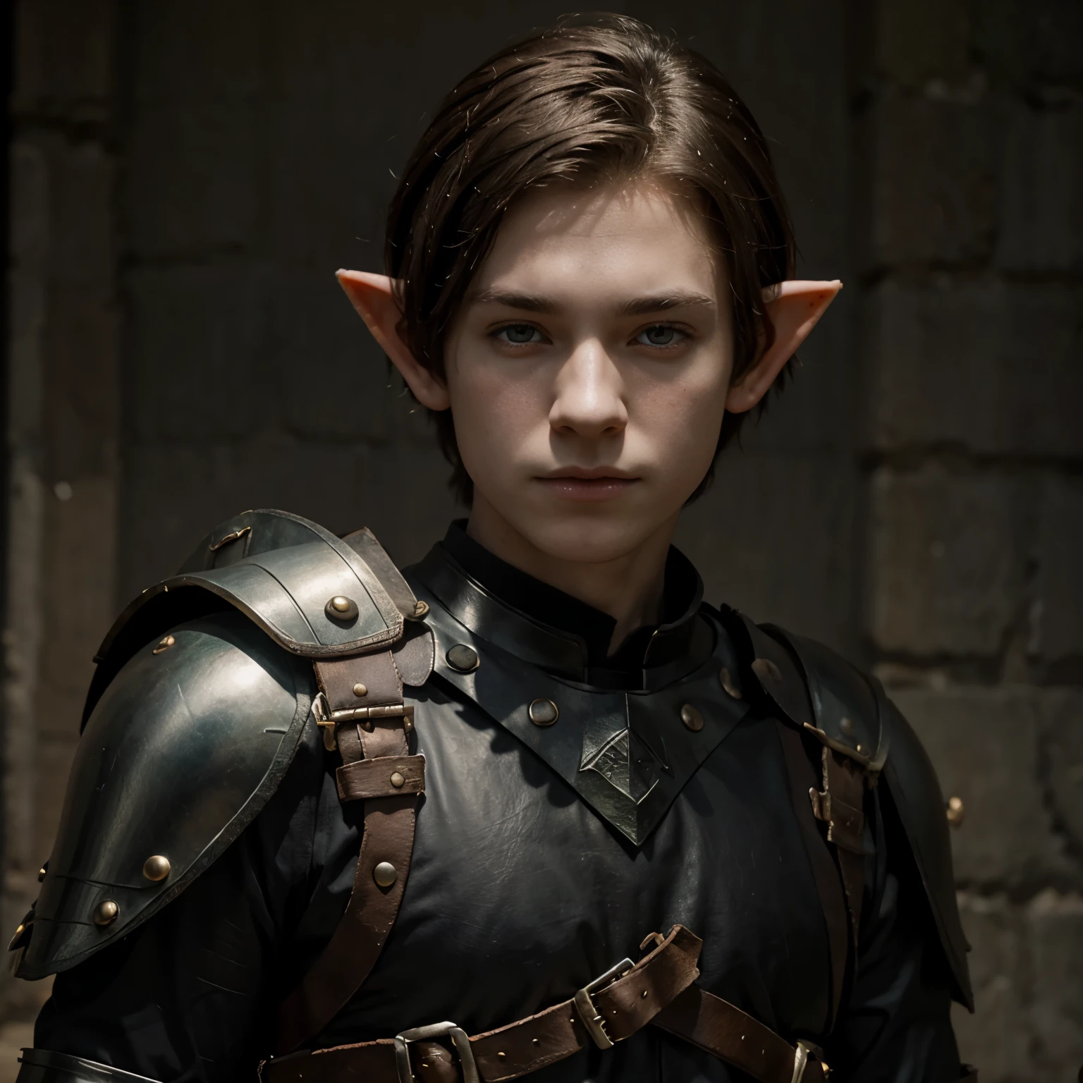 DnD palled elf boy pitch black eyes and very pale skin leather armor