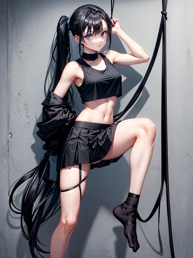 Black long pony tail light blue eyes wearing black crop top black skirt black socks and no shoes hands are tied with ropes on thw back legs are also tied with ropes
