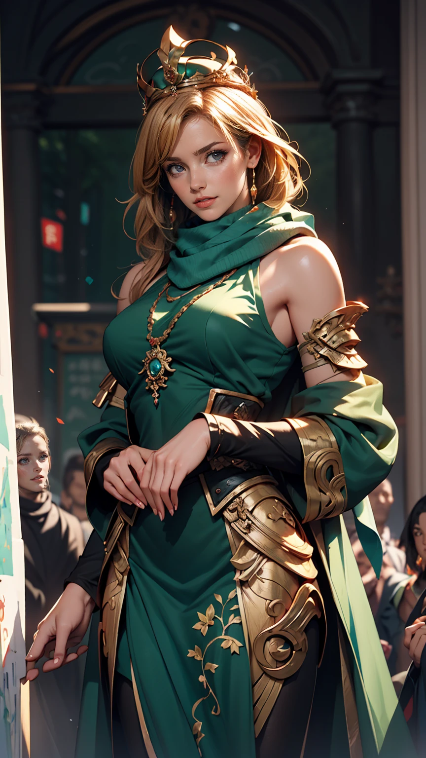 A woman in a blue dress with a long green scarf, Beautiful character drawings, Beautiful Fantasy Empress, by ヤン・J, style of ArtJam, ArtJam and ruan jia, extremely detailed ArtJam, trending ArtJam, ArtJam. Anime illustration, ruan jia and ArtJam, Inspired by Fuhua, ArtJam detailed