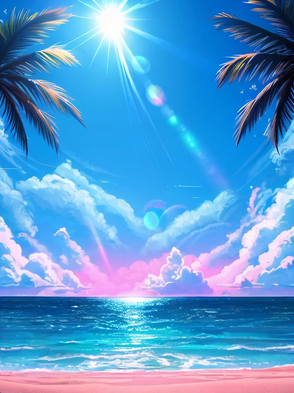 epic movie poster, big huge laboratory as the main focus , desert island background, palm trees, beach,fluffy clouds in the sky, outrun, vaporware, trending on artstation, highly detailed, fine detail, intricate, (lens flare:0.9), (backlighting:0.9), (bloom:0.9), [Style-Micro::10], laboratory 