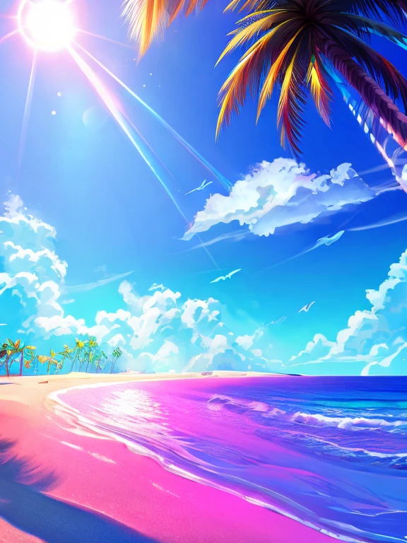 epic movie poster, big huge laboratory as the main focus , desert island background, palm trees, beach,fluffy clouds in the sky, outrun, vaporware, trending on artstation, highly detailed, fine detail, intricate, (lens flare:0.9), (backlighting:0.9), (bloom:0.9), [Style-Micro::10], laboratory 