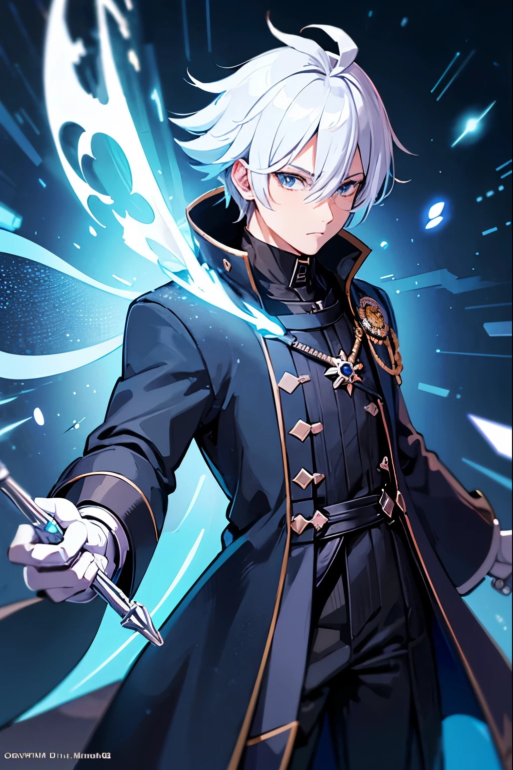 Futuristic, man, Mage, holding pencil, wearing an overcoat ,an anime face, Ultra Hd, whole body, white hair