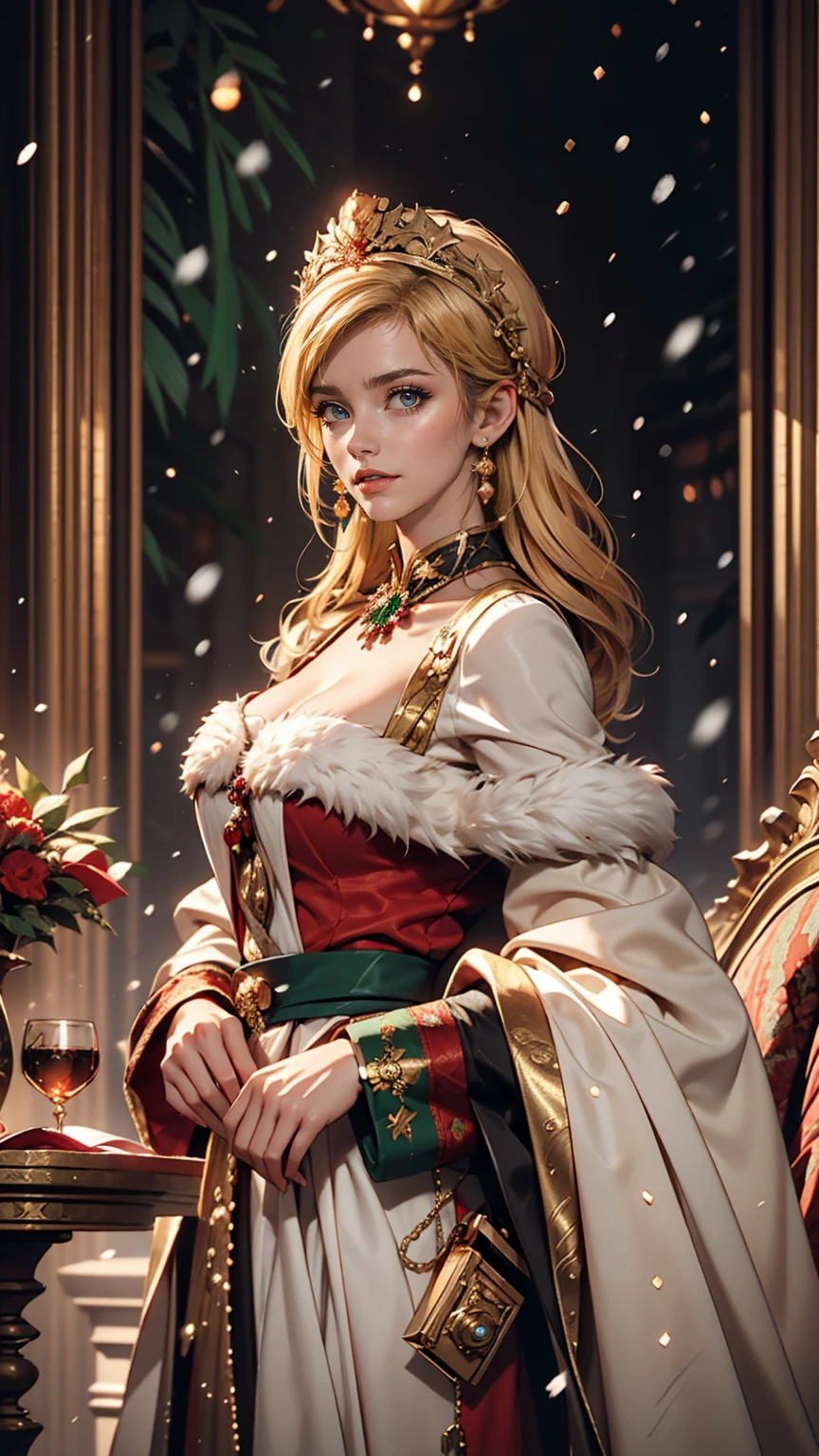 a nsfw empress portrait, blonde hair, perfect blue eyes, with a brilliant, impossible striking big Christmas headpiece, clothes Santa robes, everything Christmas, snow, symmetrical, dramatic studio lighting, rococo, baroque, greens, asian, hyperrealism, closeup, D&D, fantasy, intricate, elegant, highly detailed, digital painting, artstation, octane render, 8k, concept art, matte, sharp focus