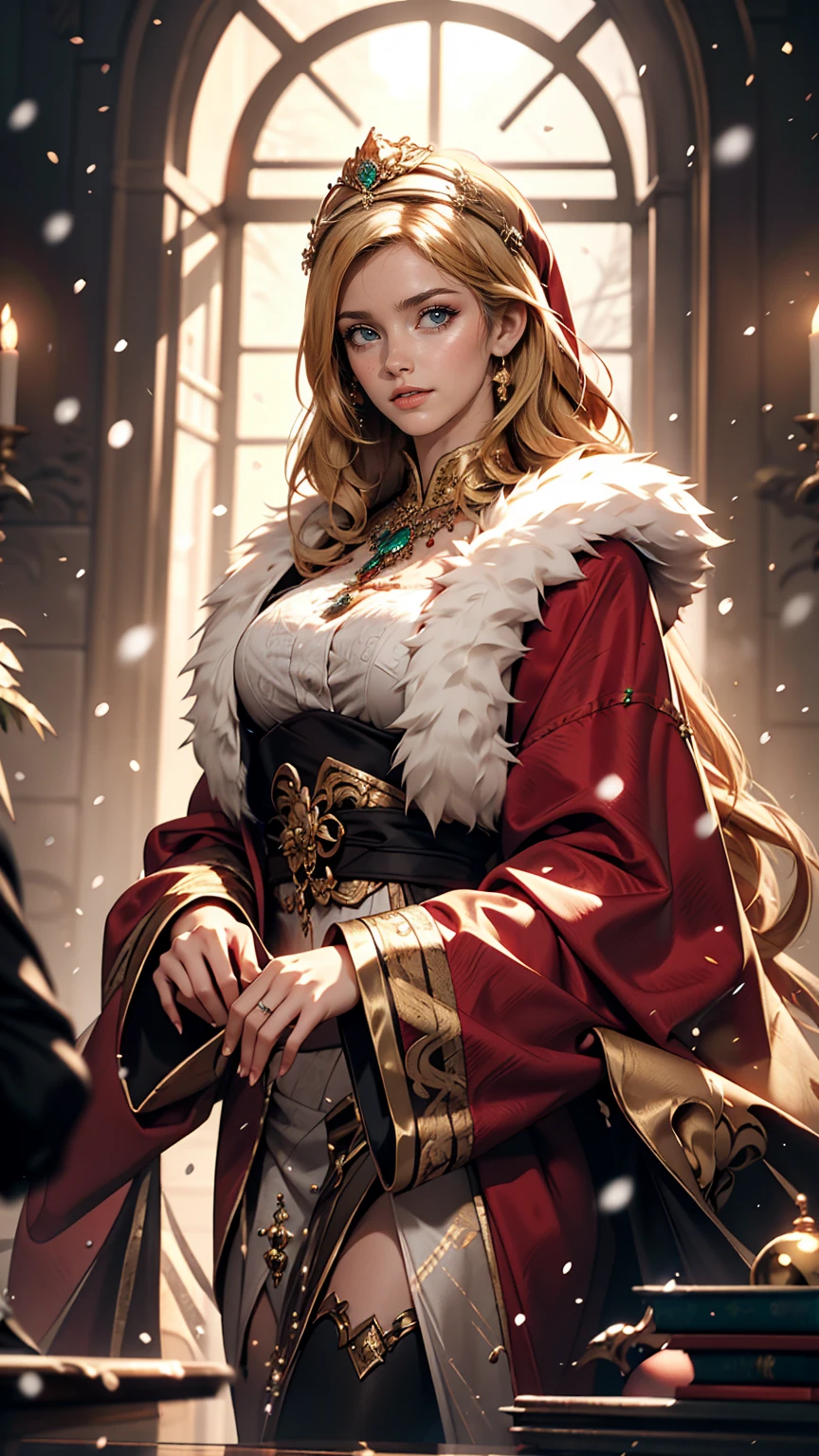 Portrait of a beautiful empress, Blonde Hair, Perfect Blue Eyes, wonderful, An incredibly impressive large Christmas headpiece, Clothing Santa Robe, All about Christmas, snow, Symmetric, Dramatic studio lighting, Rococo, Baroque, green, Asian, Hyperrealism, close, d&d, Fantasy, Complex, elegant, Very detailed, Digital Painting, Art Station, Octane Rendering, 8k, Concept Art, mat, Sharp focus