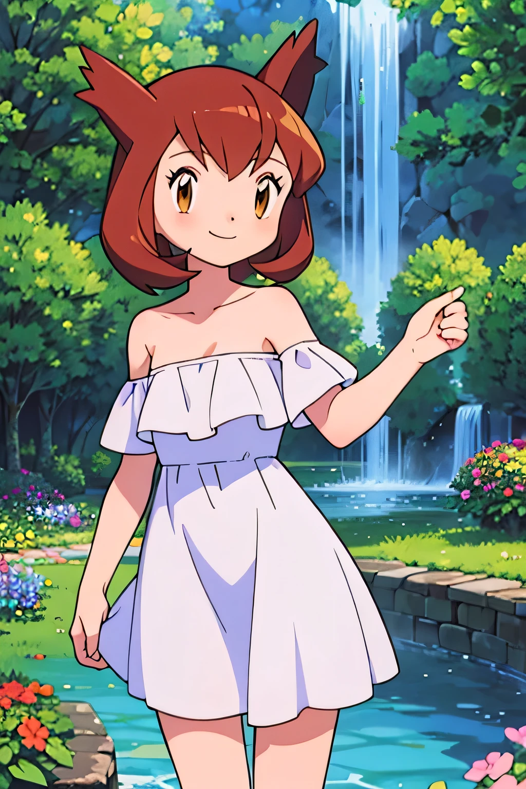 masterpiece, best quality, ultra-detailed, illustration, beautiful detailed eyes, very detailed illustration, cinematic lighting, 1 girl, solo, Pokemon Heroes (Bianca), Brown Hair, brown eyes, bare shoulders, strapless, off shoulders, white ruffle off the shoulder top, white maxi dress, intricate details, sharp focus, high resolution, the background of beautiful garden with a forest of flowers, at sunrise, smile, standing near a water pool with a waterfall, she spin around for her dress as she was dancing. anime style, ultra-detailed, hdr, far at the bottom, in the center, Close up