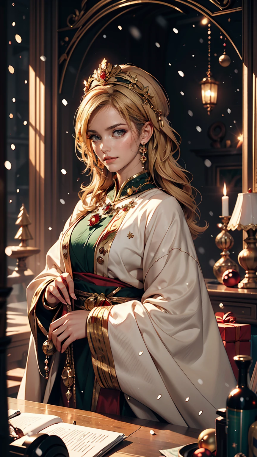Portrait of a beautiful empress, Blonde Hair, Perfect Blue Eyes, wonderful, An incredibly impressive large Christmas headpiece, Clothing Santa Robe, All about Christmas, snow, Symmetric, Dramatic studio lighting, Rococo, Baroque, green, Asian, Hyperrealism, close, d&d, Fantasy, Complex, elegant, Very detailed, Digital Painting, Art Station, Octane Rendering, 8k, Concept Art, mat, Sharp focus