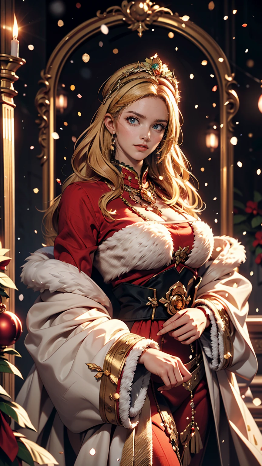 Portrait of a beautiful empress, Blonde Hair, Perfect Blue Eyes, wonderful, An incredibly impressive large Christmas headpiece, Clothing Santa Robe, All about Christmas, snow, Symmetric, Dramatic studio lighting, Rococo, Baroque, green, Asian, Hyperrealism, close, d&d, Fantasy, Complex, elegant, Very detailed, Digital Painting, Art Station, Octane Rendering, 8k, Concept Art, mat, Sharp focus