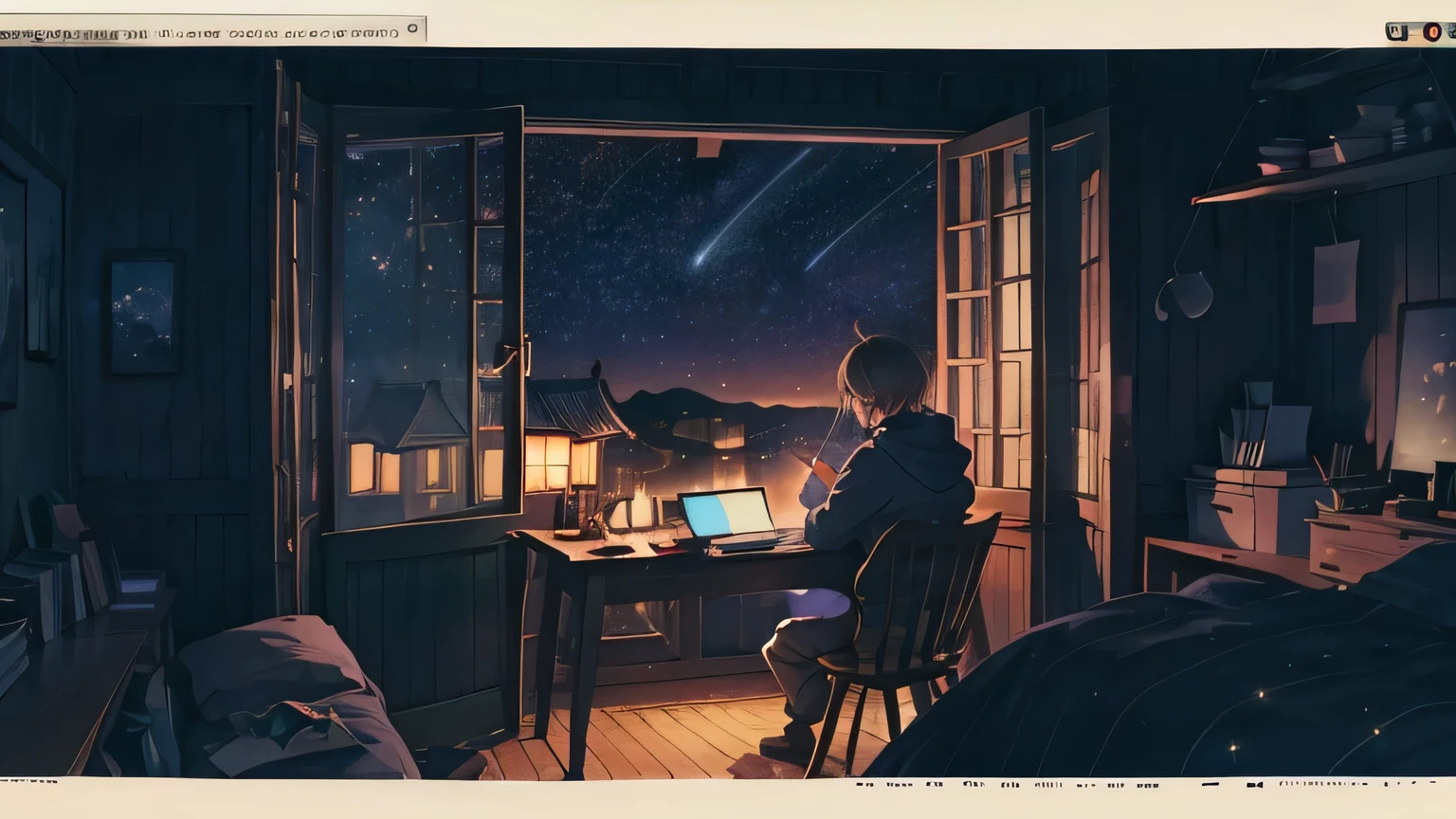 night,Dimly lit room,A calm member of society,Pen in hand,Two monitors on the table are brightly lit.,Outside the window, there is a starry sky, Lo-Fi, Night Sky View