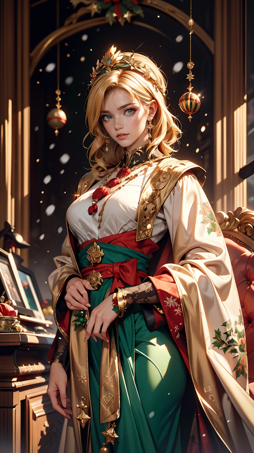 Portrait of a beautiful empress, Blonde Hair, Perfect Blue Eyes, wonderful, An incredibly impressive large Christmas headpiece, Clothing Santa Robe, All about Christmas, snow, Symmetric, Dramatic studio lighting, Rococo, Baroque, green, Asian, Hyperrealism, close, d&d, Fantasy, Complex, elegant, Very detailed, Digital Painting, Art Station, Octane Rendering, 8k, Concept Art, mat, Sharp focus